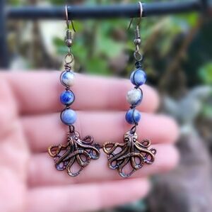 Sodalite Stone & Octopus Charm Earrings